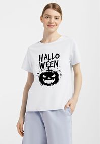 Футболка жіноча біла з принтом "Геловін гарбуз", XL