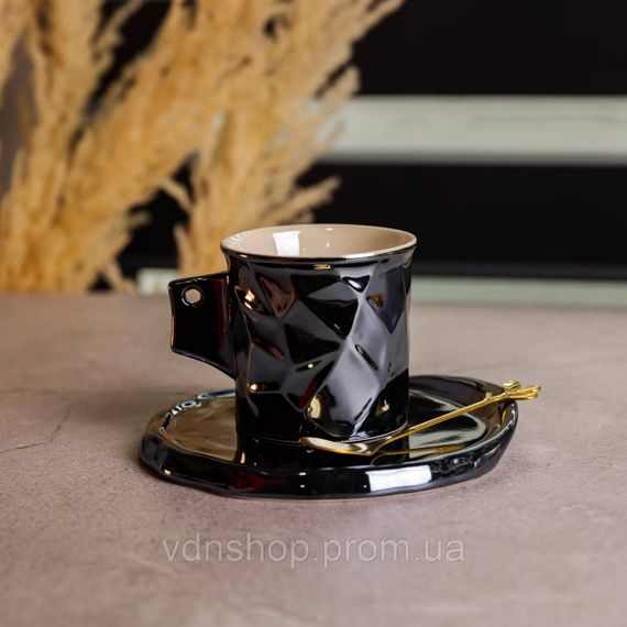 Чашка фарфоровая для кофе 200 (мл) с блюдцем и ложкой, красивая чашка в подарок Черный FM-2A | Зображення 1