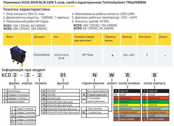 Перемикач KCD3-101N BL/B 220V 1 кнопка синя з підсвічуванням Ny95500836 | Зображення 1