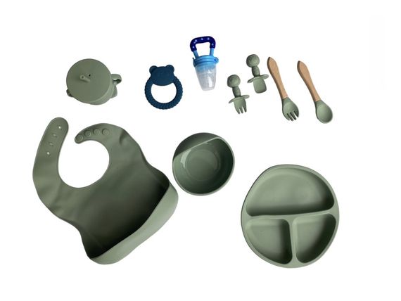 Дитячий силіконовий набір посуду для годування оливковий 12 предметів