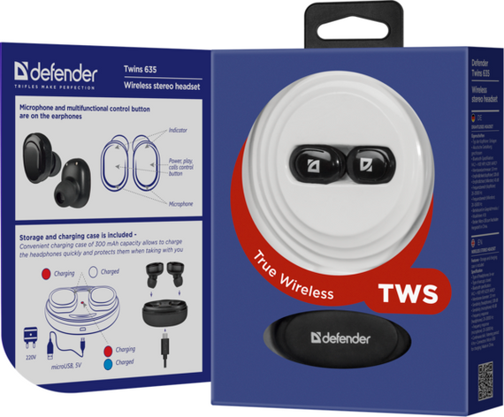 Гарнітура Defender Twins 635 TWS Bluetooth, Black (63635) | Зображення 6