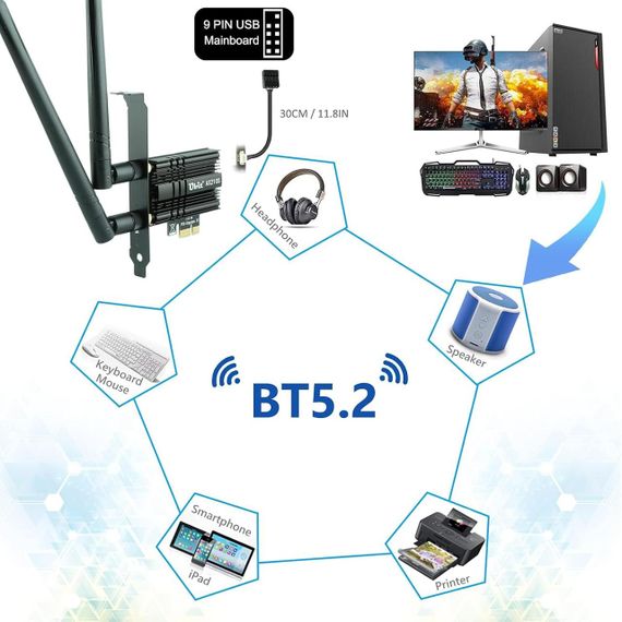 Беспроводная WiFi-карта Ubit AX210 WiFi 6E PCIe до 5400 Мбит/с (6 ГГц/5 ГГц/2,4 ГГц), BT5.3, OFDMA, MU-MIMO, п | Зображення 4
