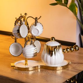 Кофейный сервиз на подставке с кофейником 450 (мл) 6 чашек по 90 (мл) подарочный набор чашек на подставке Белый с золотом FM-JJ-5