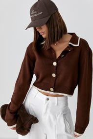 Короткий кардиган на ґудзиках із контрастною окантовкою - коричневий цвет, ONE SIZE (є розміри)