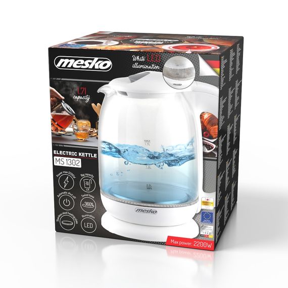 Електрочайник скляний Mesko MS 1302 білий 1,7 л, 2200 Вт, з підсвіткою | Зображення 9