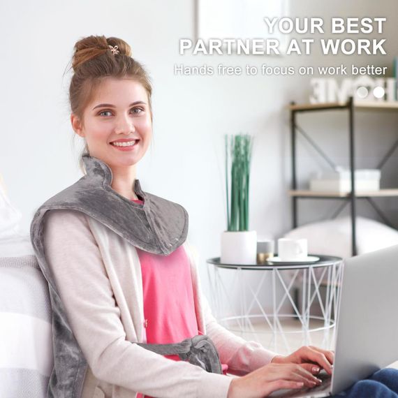 Електрогрілка NALONE для шиї, плечей і спини, велика, 25"x39", 63x100 см, 6 рівнів нагріву, автоматичне вимкнення, сіра | Зображення 2