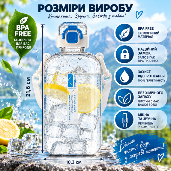 Спортивна пляшка для води SPORT 750 мл з ремінцем — багаторазова BPA-free пластикова пляшка з герметичною кришкою, бежево-синя | Зображення 4