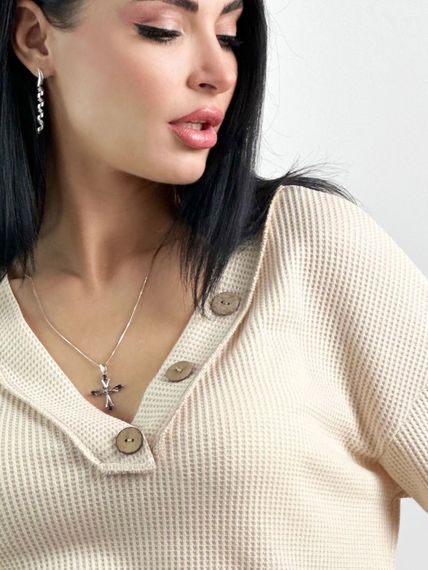 Женский пуловер с V-образным вырезом свободный трикотажный цвет бежевый, размер 50/52 GF4217 | Зображення 3