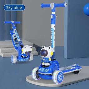 Самокат детский трёхколёсный / Складной самокат с LED-подсветкой и музыкой, регулируемый руль, PU колёса Синий