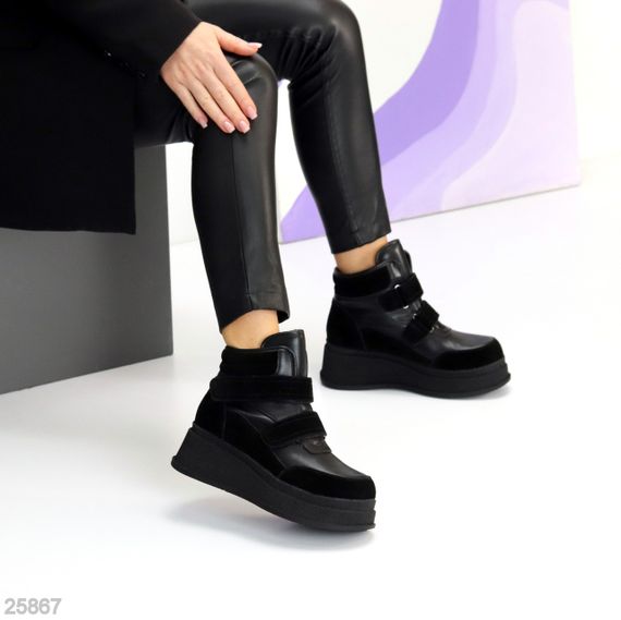 Чорні зимові черевики снікерси на липучках натуральна шкіра + замша | Зображення 4