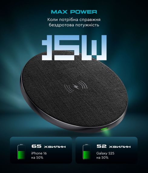 Бездротовий зарядний пристрій ArmorStandart Resolute Power AWC-47 Round 15W Black (ARM73179) | Зображення 1