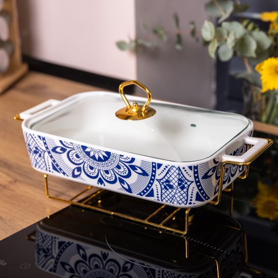 Марміт керамічний із скляною кришкою 38х18.5х15.5 см на металевій підставці 1,5 л | Зображення 4