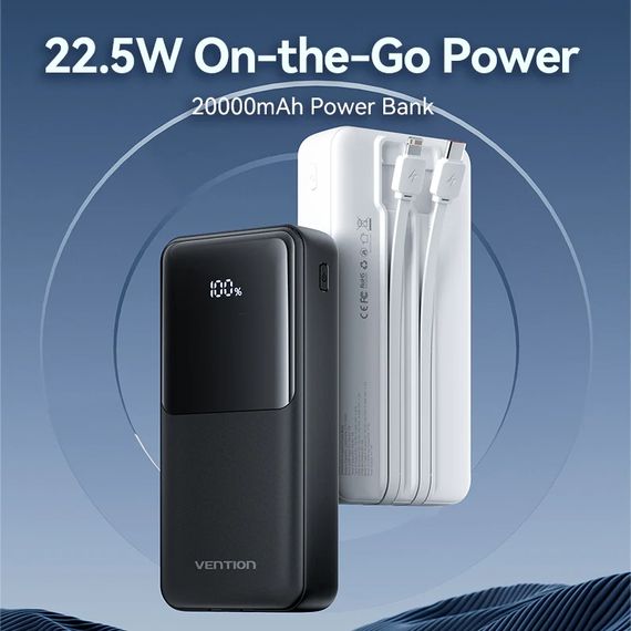 УМБ Vention 20000mAh 22.5W 3A PD, Micro-USB,USB-C,2xUSB-A,Built-in USB-C+Lightning Cables Black | Зображення 1