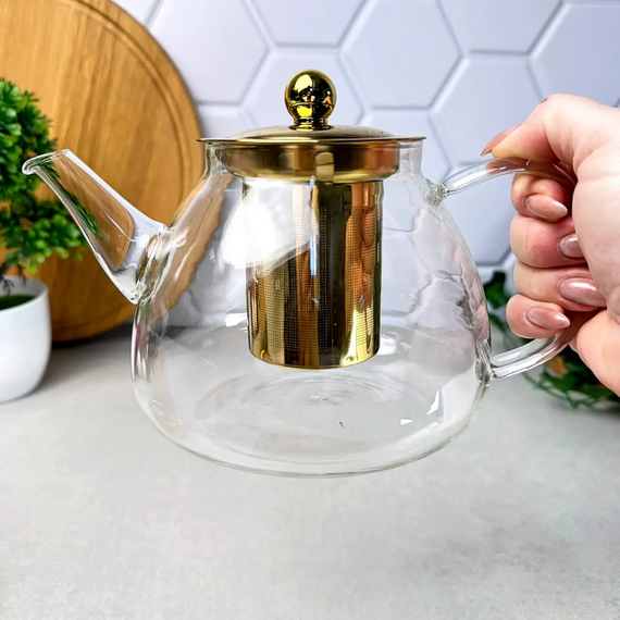 Стеклянный чайник GK-5807 1 л Dammann с золотистой крышкой и удобным ситечком для заваривания чая Прозрачный | Зображення 1
