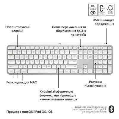Клавиатура Logitech MX Keys S для MAC Bluetooth/Wireless UA Pale Grey (920-011638) | Зображення 6