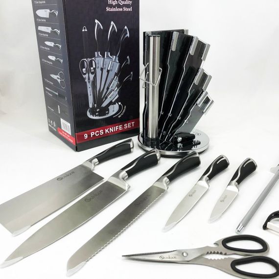 Набір ножів UNIQUE UN-1834 з 9 предметів, що обертається, Ножі кухонні з нержавіючої сталі | Зображення 1