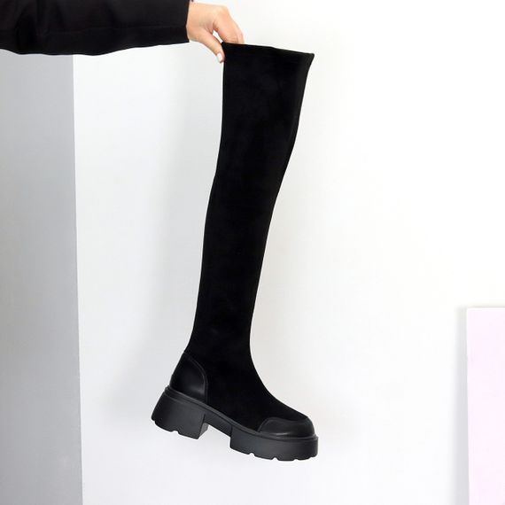Ультра модні чорні ботфорти замшеві стрейч на тракторній підошві | Зображення 4