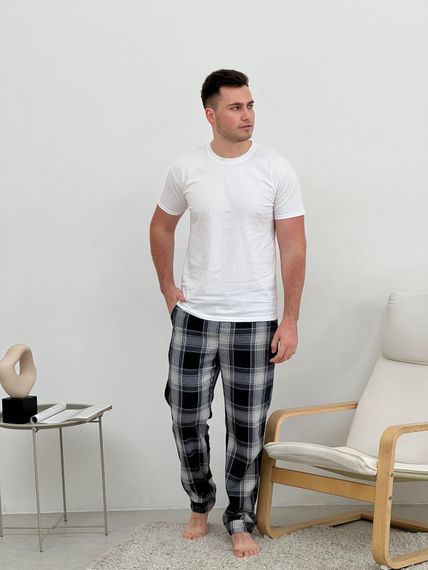 Піжама чоловіча COSY з фланелі (штани+сорочка+футболка) клітина темно-синій/сірий | Зображення 4