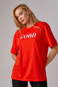 Трикотажная футболка с надписью Good vibes - красный цвет, XS (есть размеры)
