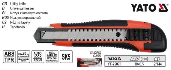 Нож YATO Польща ніж висувне лезо h=18 мм SK5 ABS/TPR YT-75071