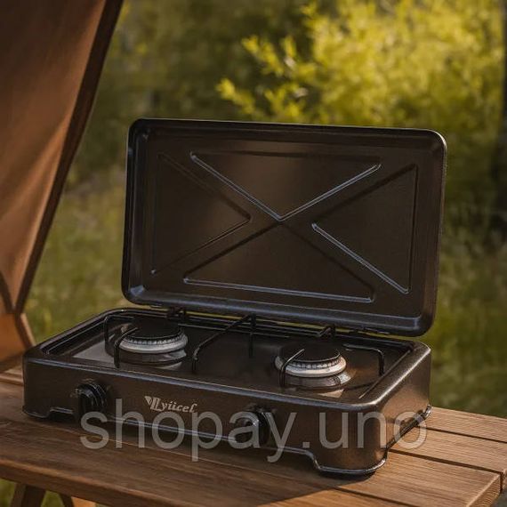 Газовая настольная плита на 2 конфорки YUCEL O-200-LPG-BLACK • Двухконфорочная плита для дома, дачи, кухни и приготовления пищи | Зображення 4