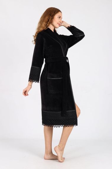 Жіночий халат Nusa 0535 велюровий з мереживом чорний 2XL | Зображення 4