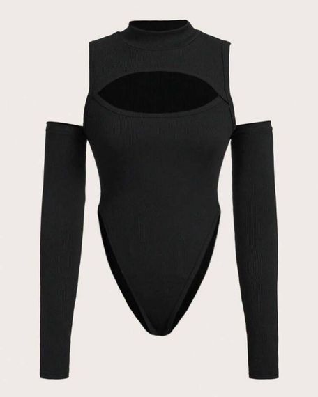 Женское боди в рубчик с вырезом на груди и длинными рукавами LF1101 размер 42/46 цвет черный | Зображення 4