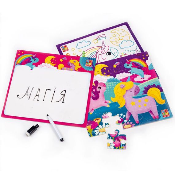 Розвиваючий набір 4 в 1 "Єдиноріжки" VT2002-05 пазл, розмальовка, маркер | Зображення 1
