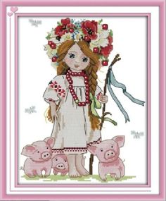 Набір для вишивання за нанесеною на канву схемою "Girl and piglets". AIDA 14CT printed, 26*31 см
