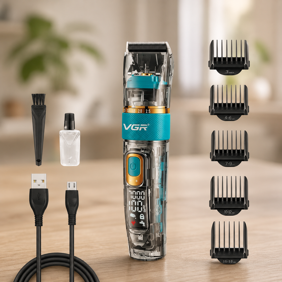 Машинка для стрижки VGR V 695 / Аккумуляторная машинка для стрижки волос + 6 насадок, с USB / Беспроводной триммер для стрижки