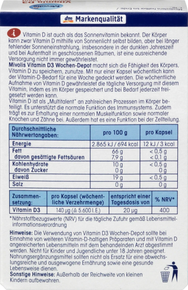 Міволіс Вітамін D3 5600 м.о., "Mivolis Vitamin D3 5600", 12 капсул, Німеччина | Зображення 2