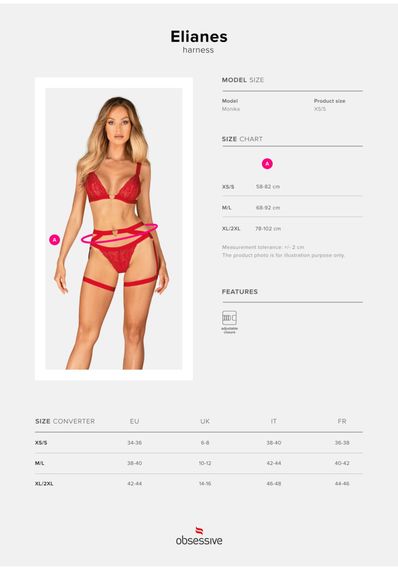 Портупея пояс Obsessive Elianes harness, червона, XS/S | Зображення 8