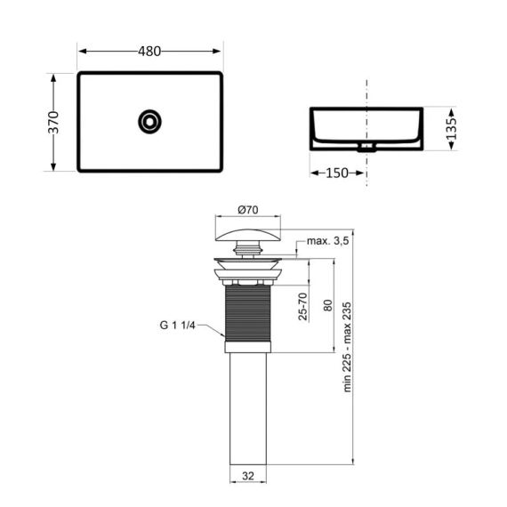 Комплект Qtap Tern: Раковина накладна прямокутна 480х370х135 мм Matt Black + Донний клапан PU03 | Зображення 1