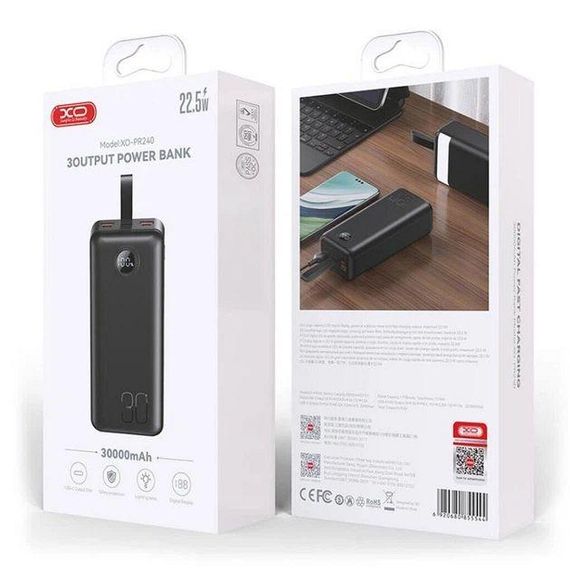 Power Bank мощный Повербанк XO PR240 USB-C 20W/USB-A 22.5W Fully 30000mAh c быстрой зарядкой | Зображення 1