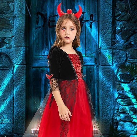 Костюм сукня вампіра чортика для дівчинки червона, комплект на Хелловін, обруч із ріжками, наліпка-татуювання на 105-115 см 4-6р | Зображення 5