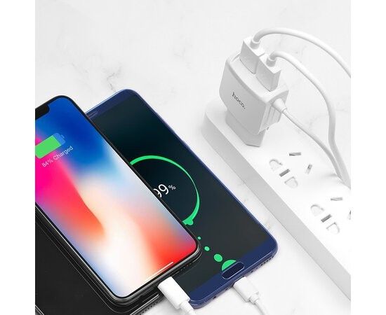 Мережевий зарядний пристрій Hoco 2хUSB із вбудованим кабелем lightning  White (C59A) | Зображення 2