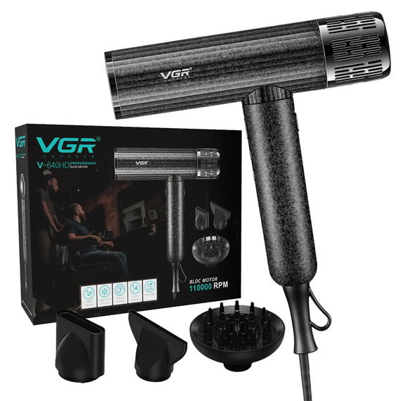 Фен для волос VGR V-640HD профессиональный 110000 RPM, BLDC мотор,ионизация,3 скорости,4 температуры, низкий уровень шума, Черный