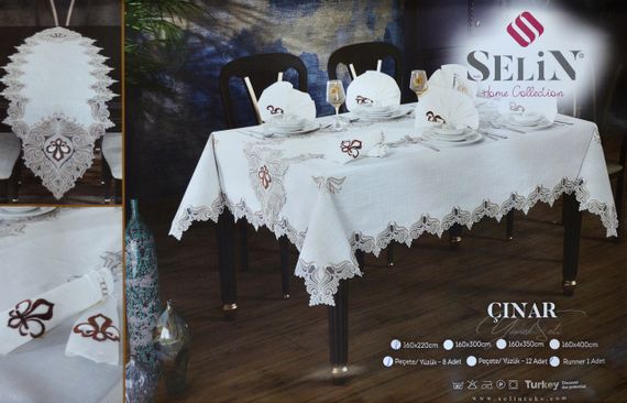 Льняная скатерть с ранером Selin Cinar Set 160×300+12 салфеток кремовая