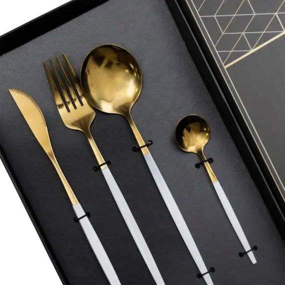 Набір столових приборів 24 предмети столовий набір на 6 персон Золотистий з білим HP-20-47 | Зображення 1