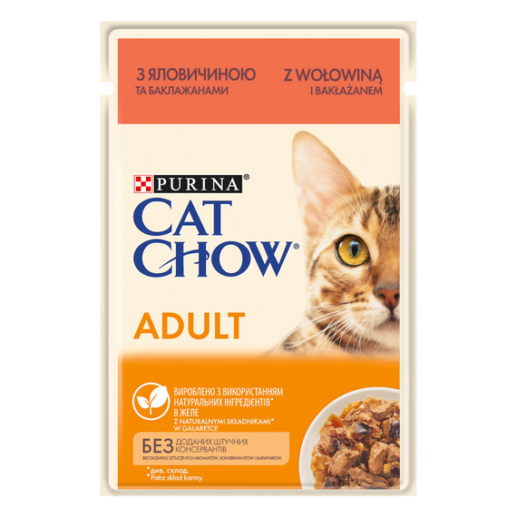 Вологий корм для дорослих котів Purina Cat Chow Adult ніжні шматочки в желе з яловичиною та баклажанами 85 г 85 г