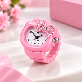 Жіночий перстень-годинник Hello Kitty рожевий, кільце-годинник на палець з бантиком і стразами, оригінальний міні годинник-каблучк