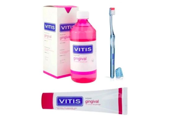 Набір VITIS HEALTHY GUMS (GINGIVAL): зубна паста 100 мл + ополіскувач 500 мл + у подарунок щітка V.GINGIVAL (DENTAID) | Зображення 1