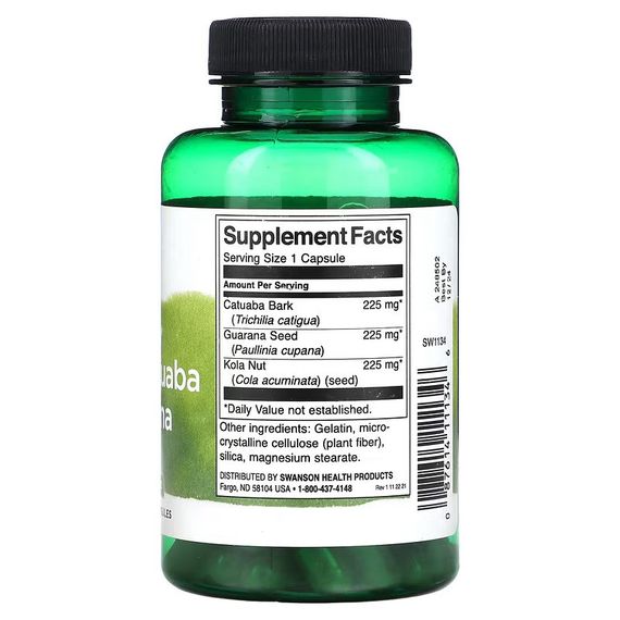 Орех кола, катуаба и гуарана Swanson Full Spectrum Kola Nut, Catuaba and Guarana, 90 Capsules | Зображення 1