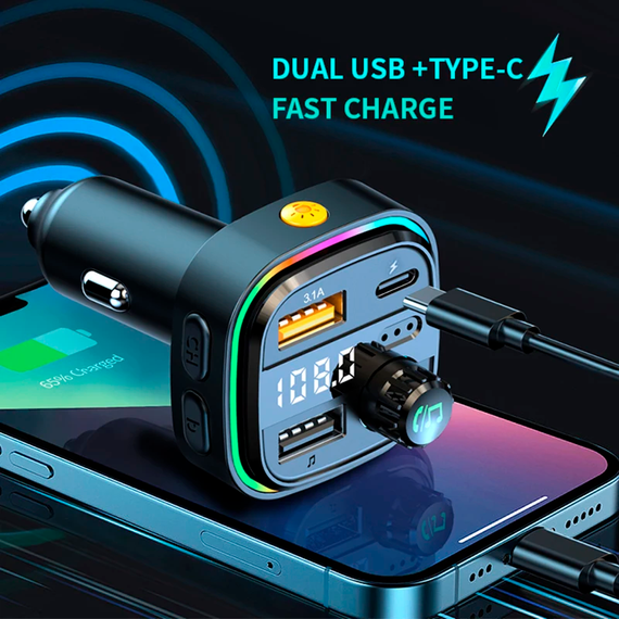 Автомобильный FM ФМ модулятор Terra С26, Bluetooth 5.0, трансмиттер, USB 3.1А, Type C | Зображення 5