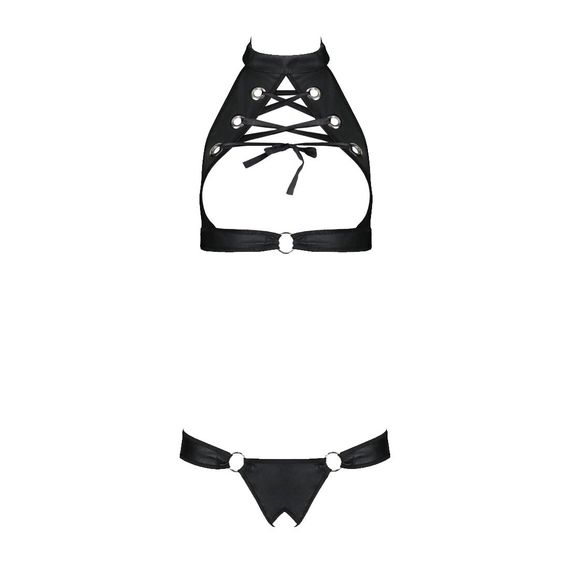 Комплект із екошкіри Passion MALWIA SET with Open Bra 4XL/5XL black, топ та трусики з люверсами | Зображення 2