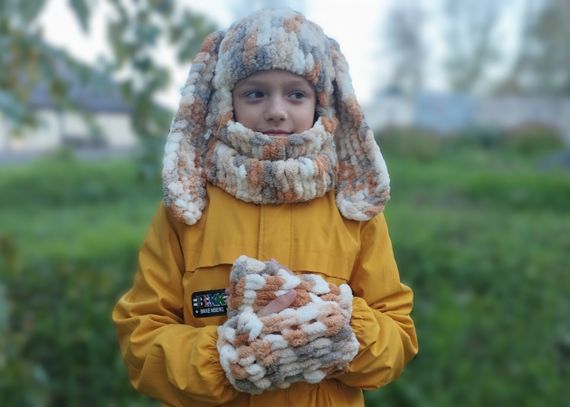 Балаклава колір 5926 плюшева з вушками зайчика + мітенки | Зображення 6