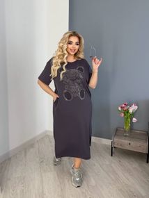 Женское платье-футболка длинное с коротким рукавом, больших и батальных размеров IS872, цвет серый, размер 50/52