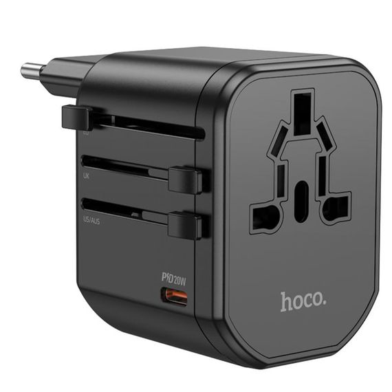 Мережевий універсальний перехідник Hoco AC15 Walker PD20W+QC3.0 (2USB-A/1C) (EU) Black