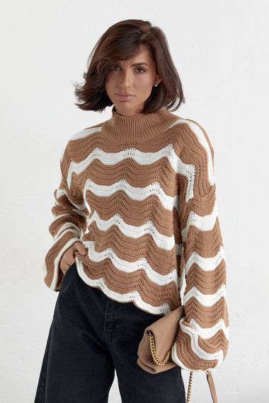 Ажурная кофта с волнистым узором - кофейный цвет, L (есть размеры)