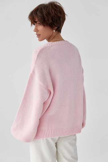 В'язана однотонна кофта з рукавами-ліхткриками - рожевий цвет, ONE SIZE (є розміри) | Зображення 1